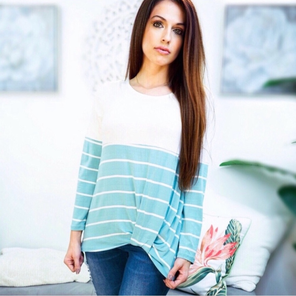 Aqua Striped Top with Semi-Knot Hem